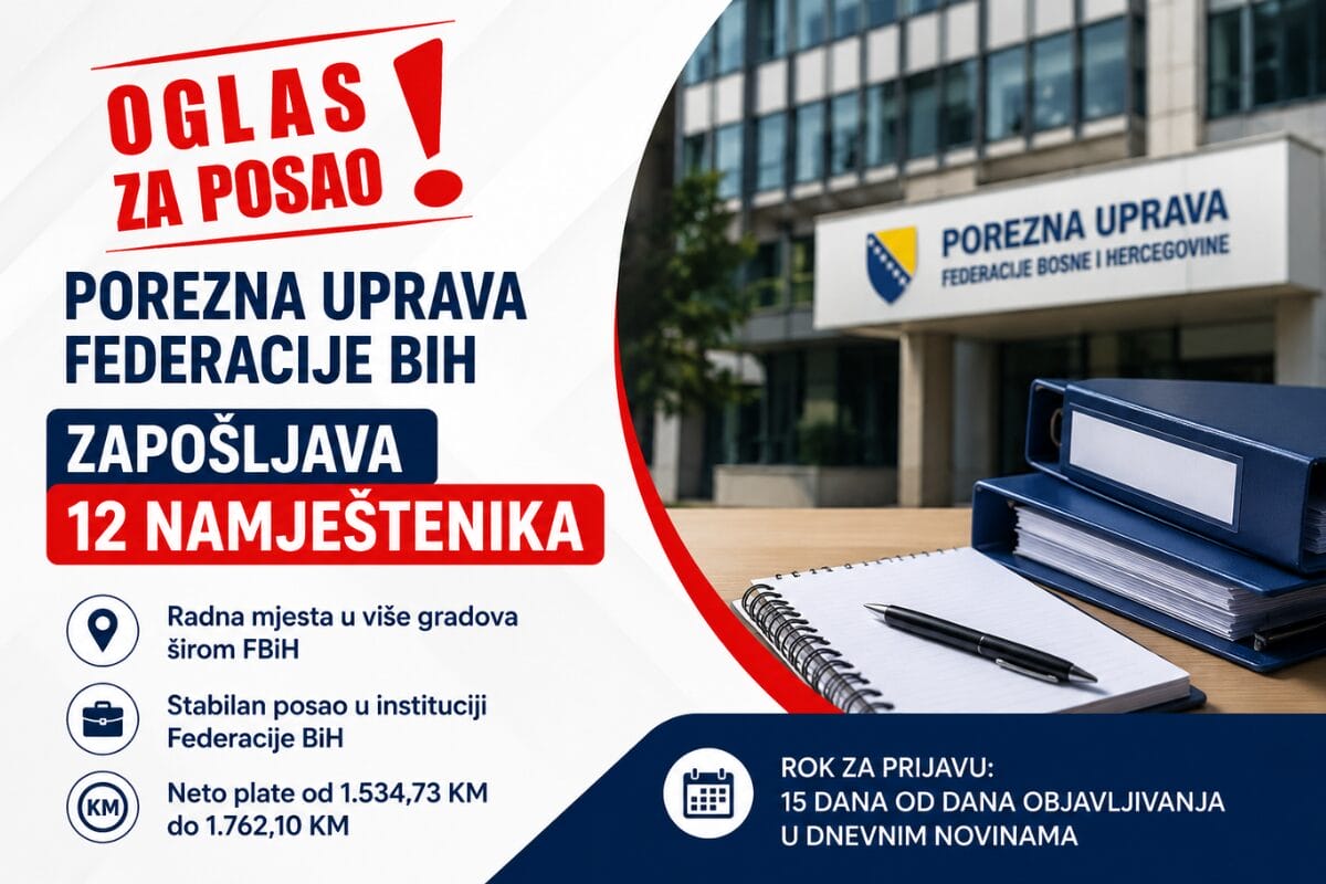 oglas za posao Porezna uprava FBiH zapošljava 12 namještenika