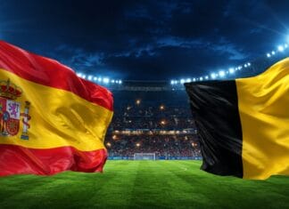 Španija – Belgija; Zastave Španije i Belgije na stadionu uoči četvrtfinala Svjetskog prvenstva
