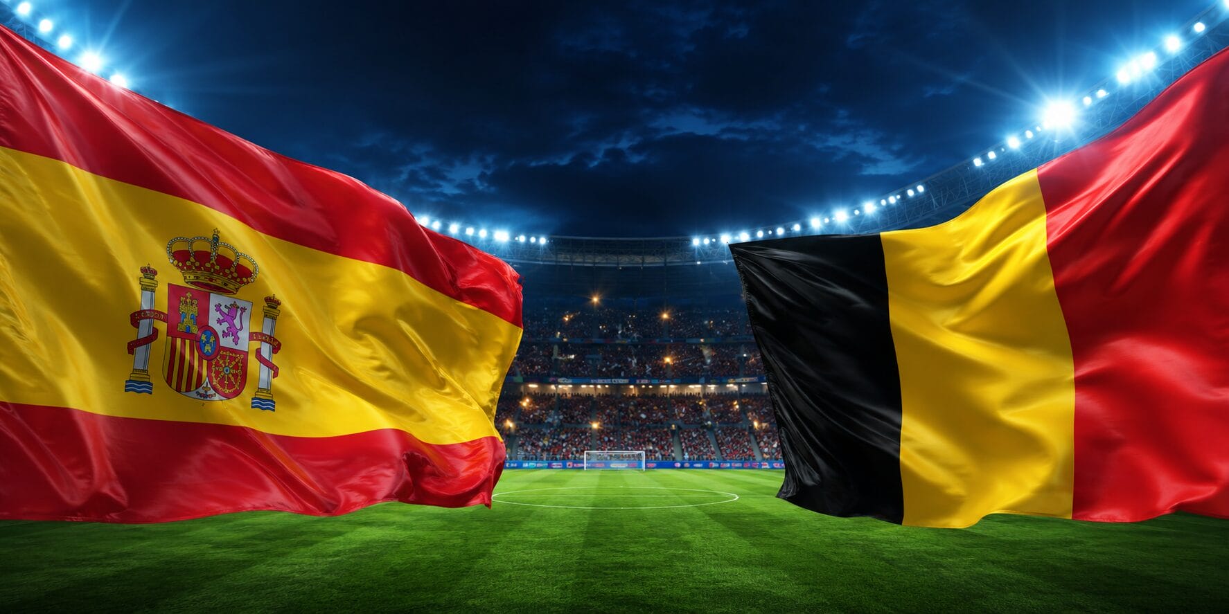 Španija – Belgija; Zastave Španije i Belgije na stadionu uoči četvrtfinala Svjetskog prvenstva
