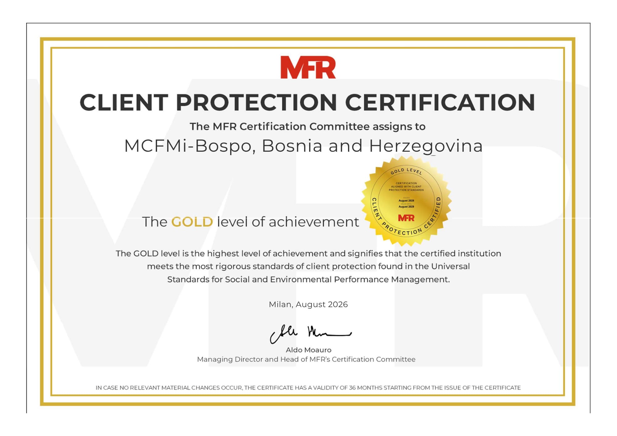 MFR certifikat - MKF MI-BOSPO MI-BOSPO dobio Zlatnu značku za najviše standarde zaštite klijenata