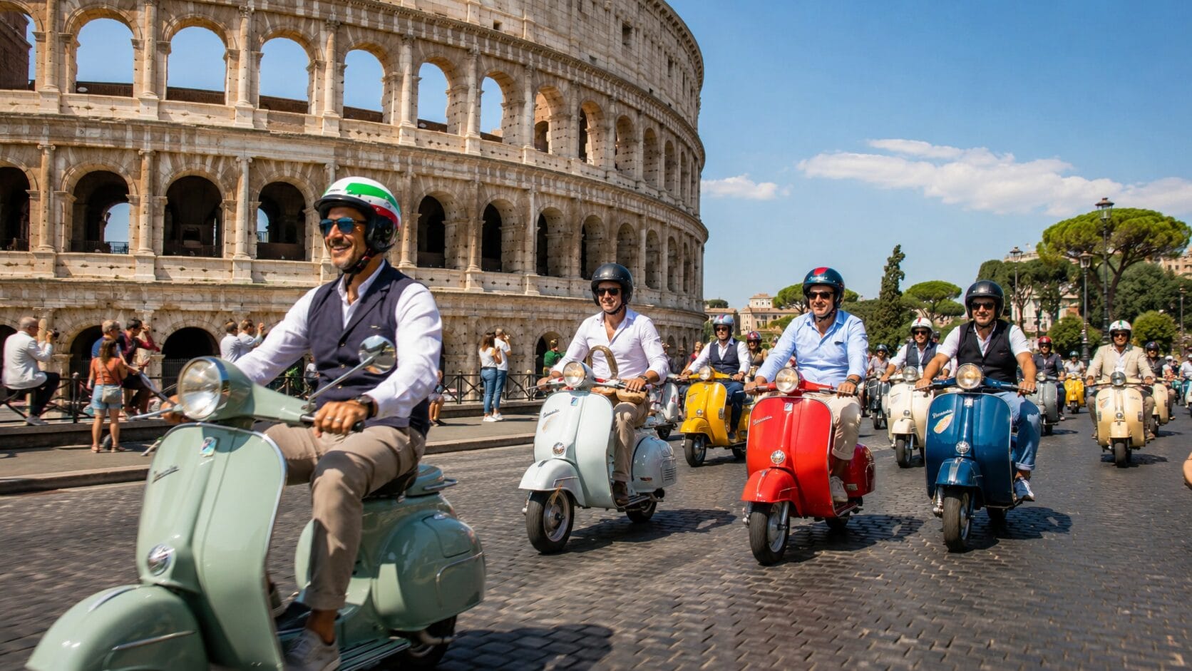 Vespa proslavila 80. rođendan velikim defileom u Rimu Vespa, Brojne Vespe prolaze pored Koloseuma u Rimu tokom obilježavanja 80. rođendana ovog kultnog italijanskog skutera