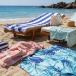 Brzosušeći peškir za plažu i klasični frotirski peškiri na ležaljkama i pijesku uz more
