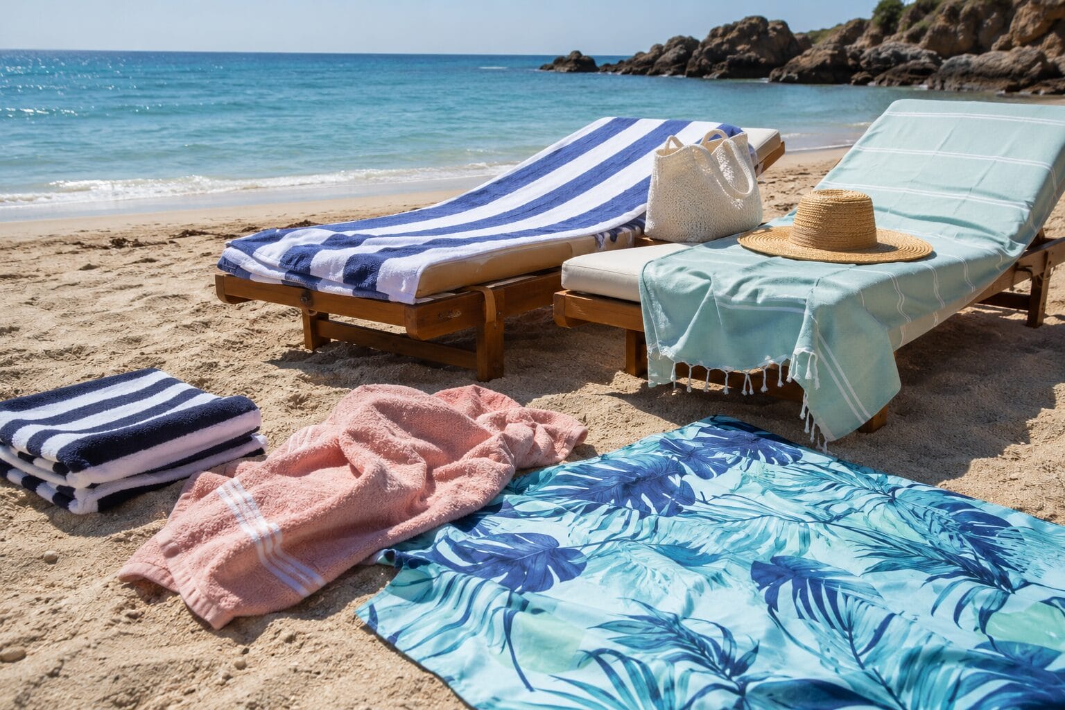 Brzosušeći peškir za plažu na ležaljkama uz more Brzosušeći peškir za plažu i klasični frotirski peškiri na ležaljkama i pijesku uz more
