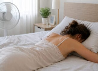 Klimaks i toplotni val: Kako ublažiti valunge, nervozu i nesanicu? Klimaks i toplotni val, Žena tokom klimaksa leži na krevetu uz ventilator zbog nesanice i vrućine