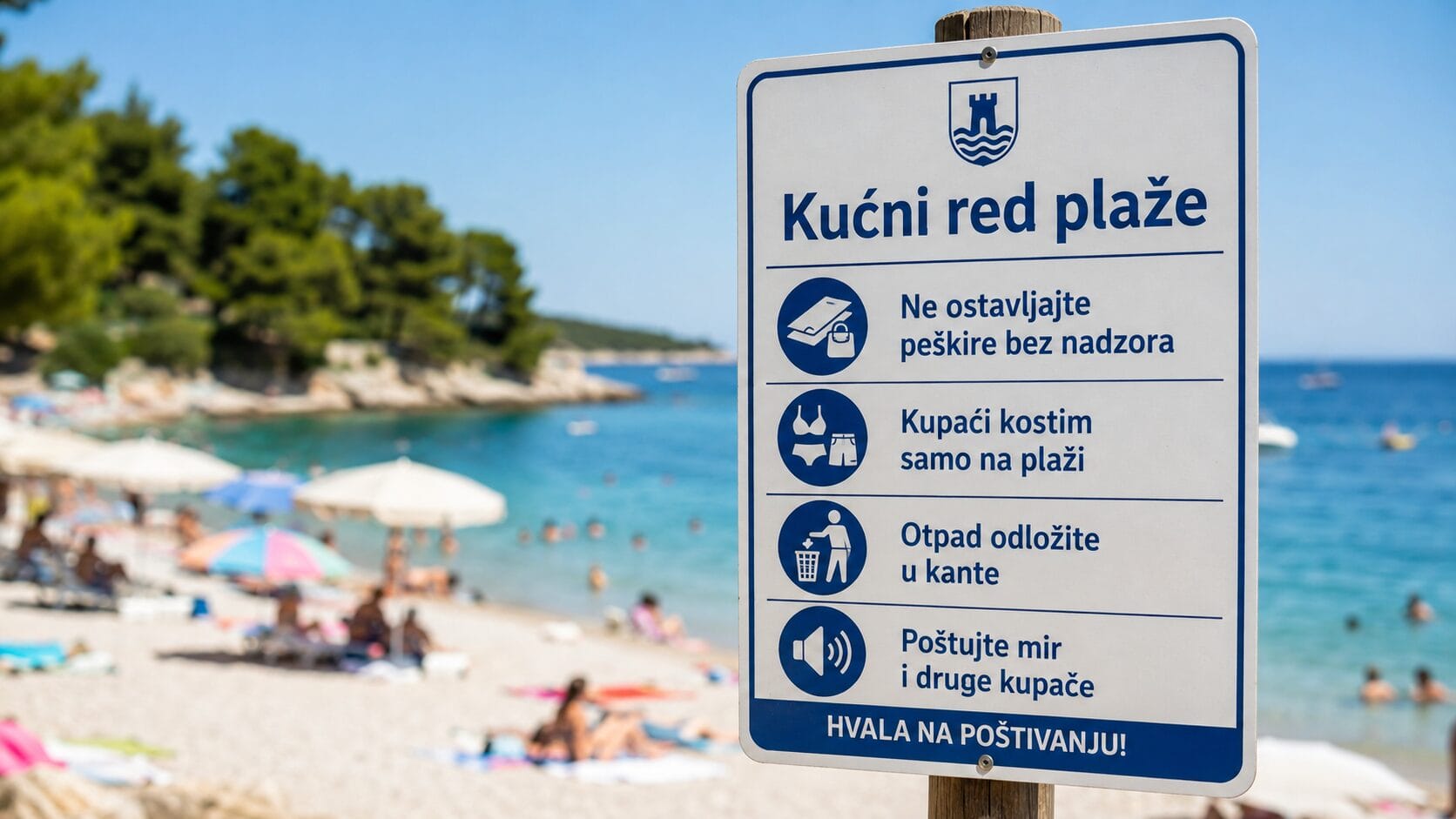pravila-ponasanja-na-hrvatskim-plazama Pravila ponašanja na hrvatskim plažama istaknuta na tabli pored mora