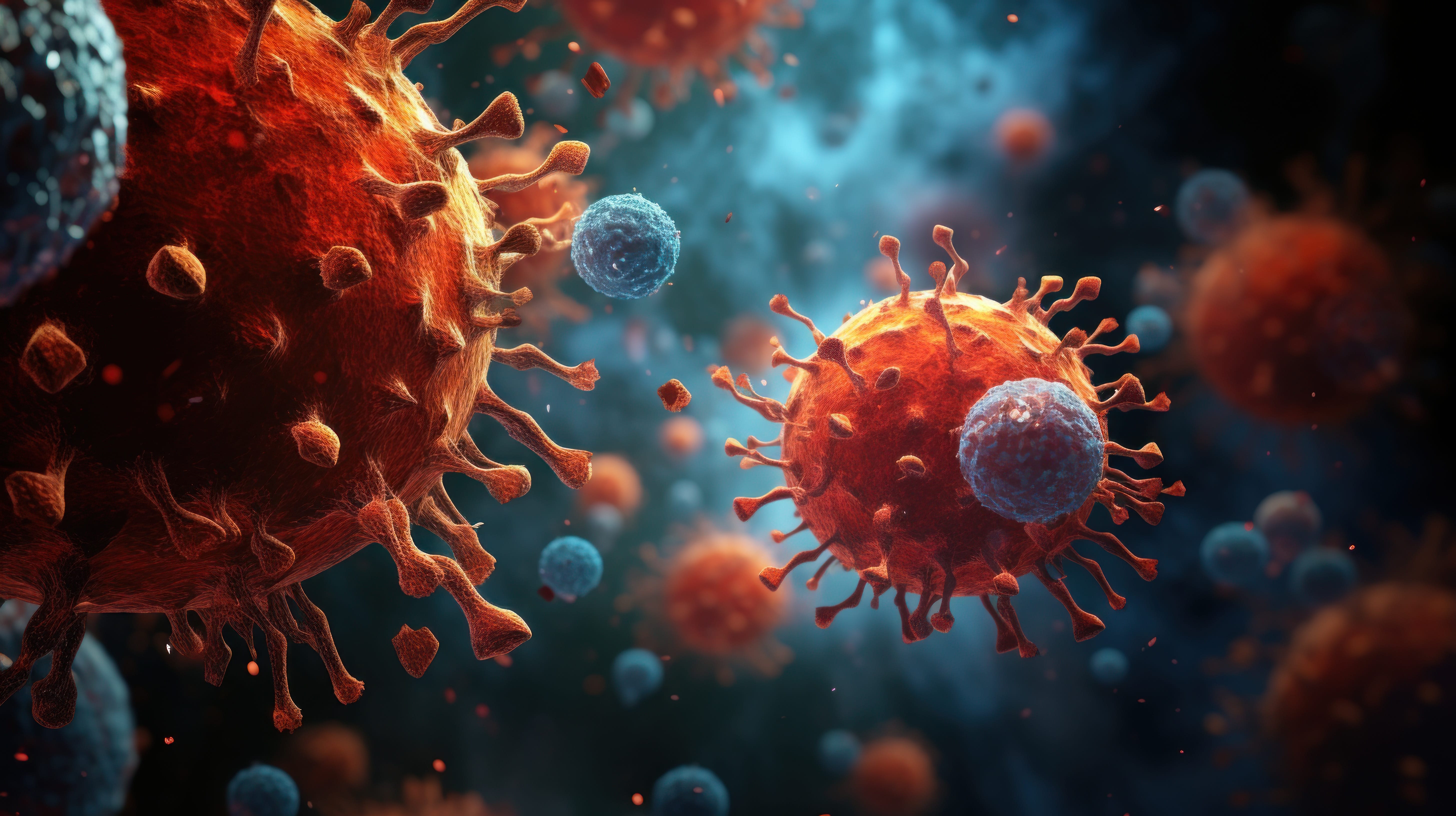 Viruses highlighted by blue and red hues float in cellular spac