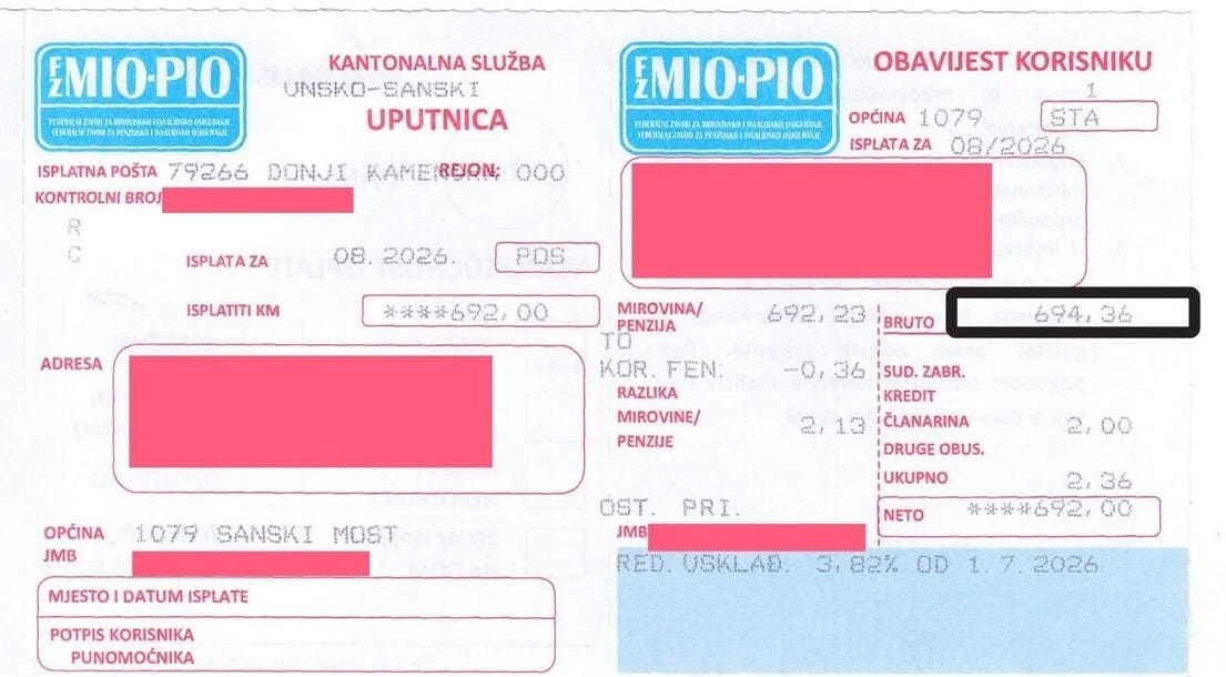 ček za penziju penzije u FBiH, penzije, ček za penziju