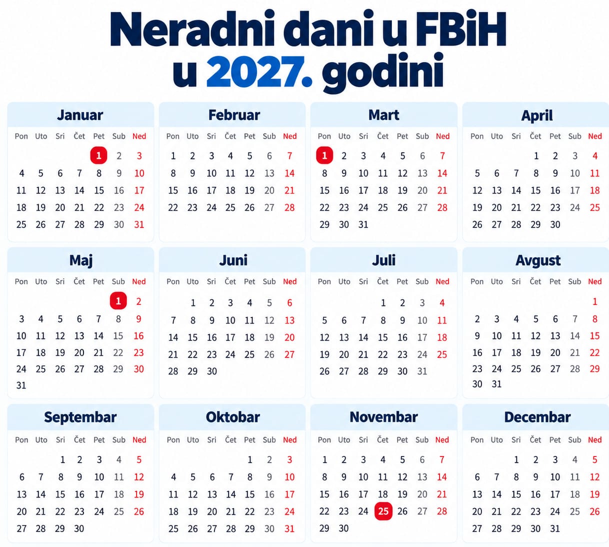 Neradni dani u FBiH 2027 Pogledajte koji nas neradni dani čekaju u 2027.