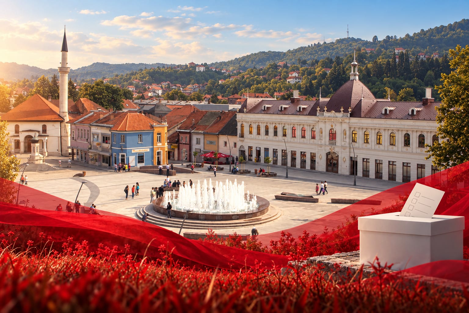 Kako je glasala Tuzla, panorama Trga slobode s crvenim detaljima i glasačkom kutijom.