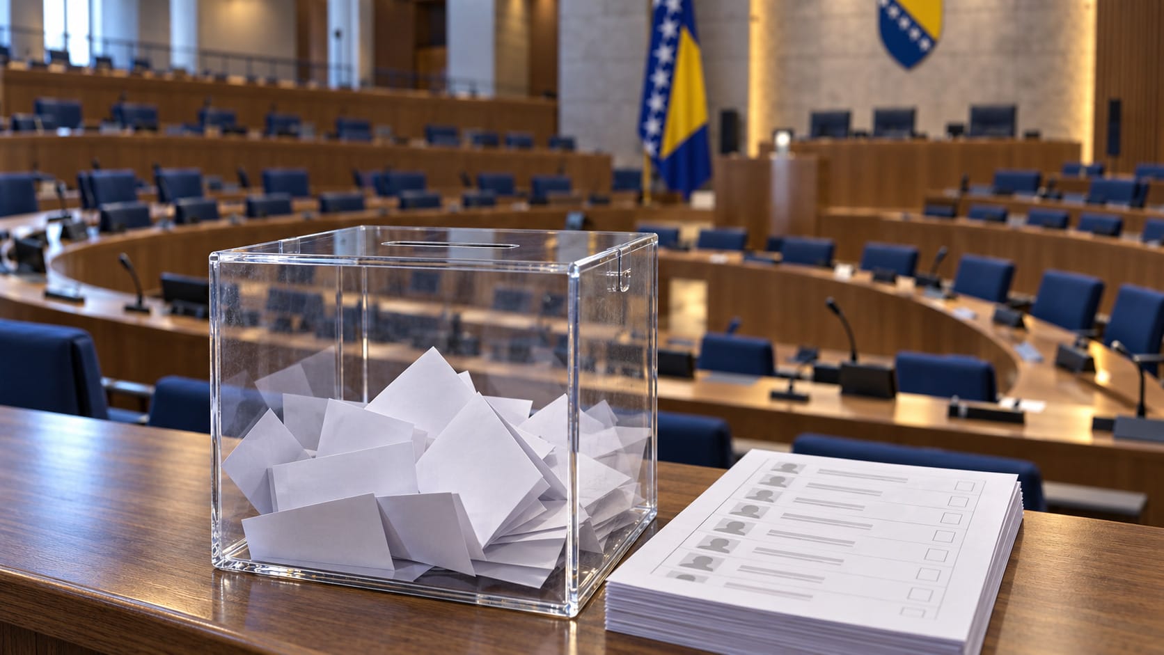 kompenzacijske liste ilustracija Glasačka kutija i kandidatska lista ispred parlamentarnih klupa; Kompenzacijski mandati i izbor zastupnika u parlament.