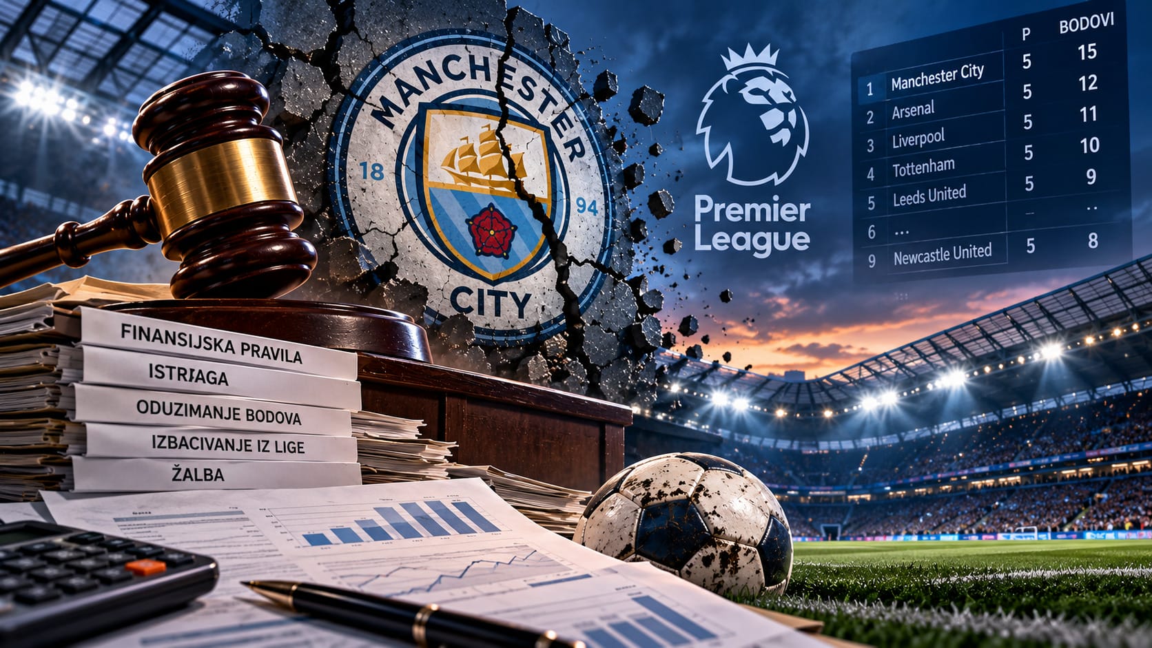 Manchester City pred izbacivanjem iz Premier lige Manchester City pred mogućim izbacivanjem iz Premier lige zbog kršenja finansijskih pravila, ilustracija mogućih kazni.