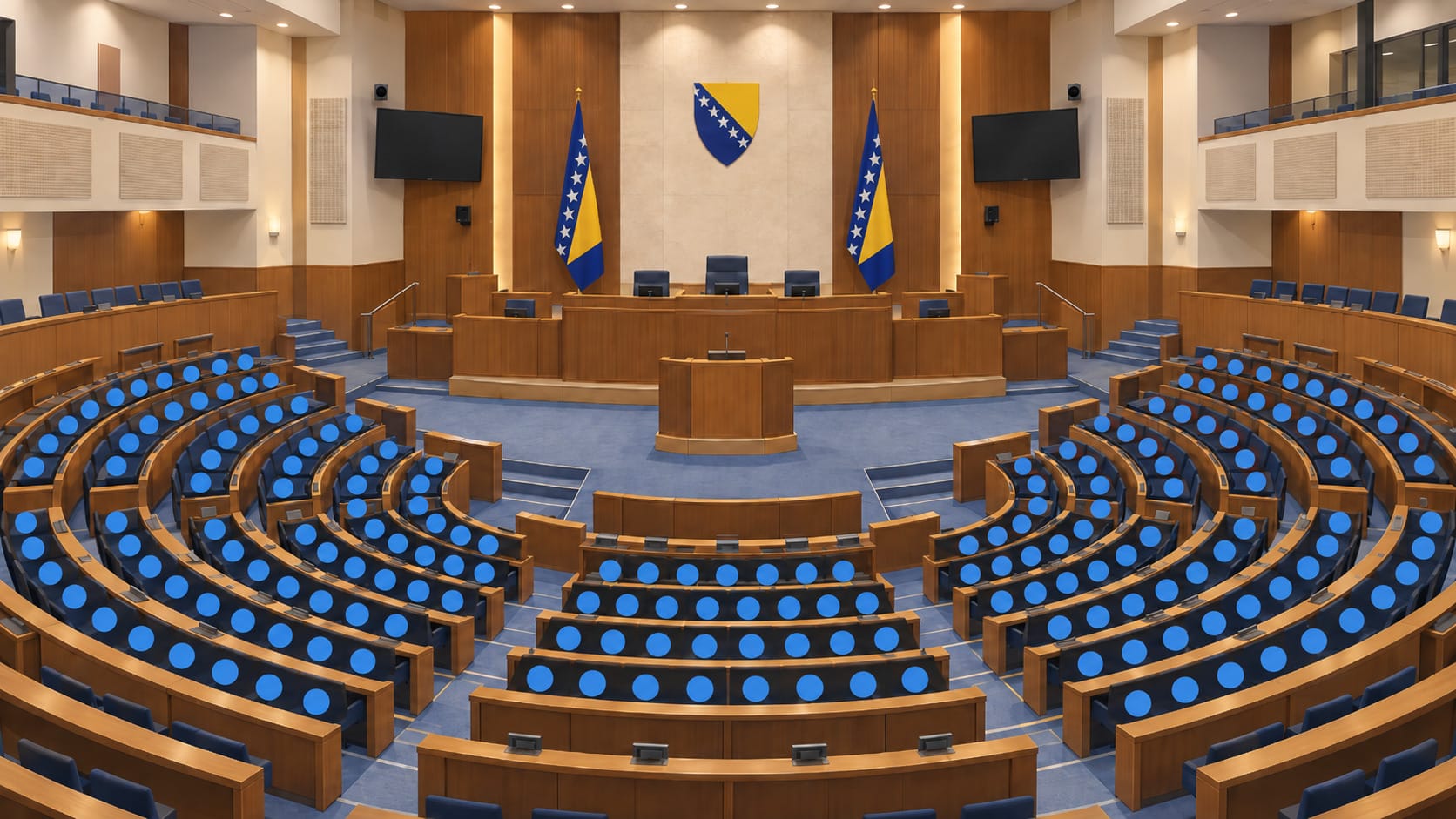 opci-izbori-2026-bih-skupstina-ilustracija Opći izbori 2026 u BiH, ilustracija skupštinske sale sa mjestima zastupnika