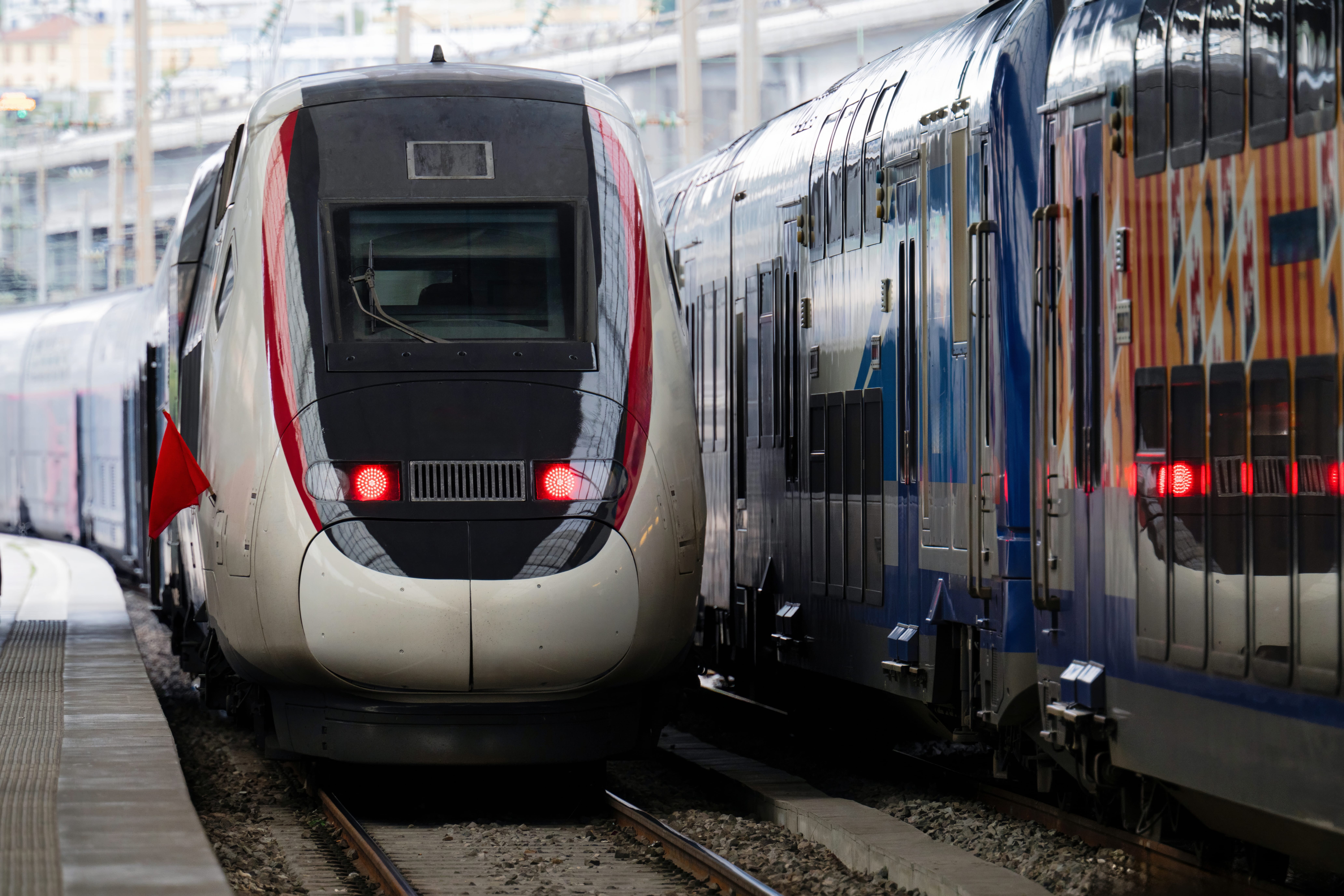 Red and blue trains stationing at the station of Nice, France
